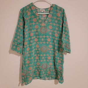 Creme Fraiche Womens Kaftan Shirt Size‎ Xs Silk Green Boho Summer